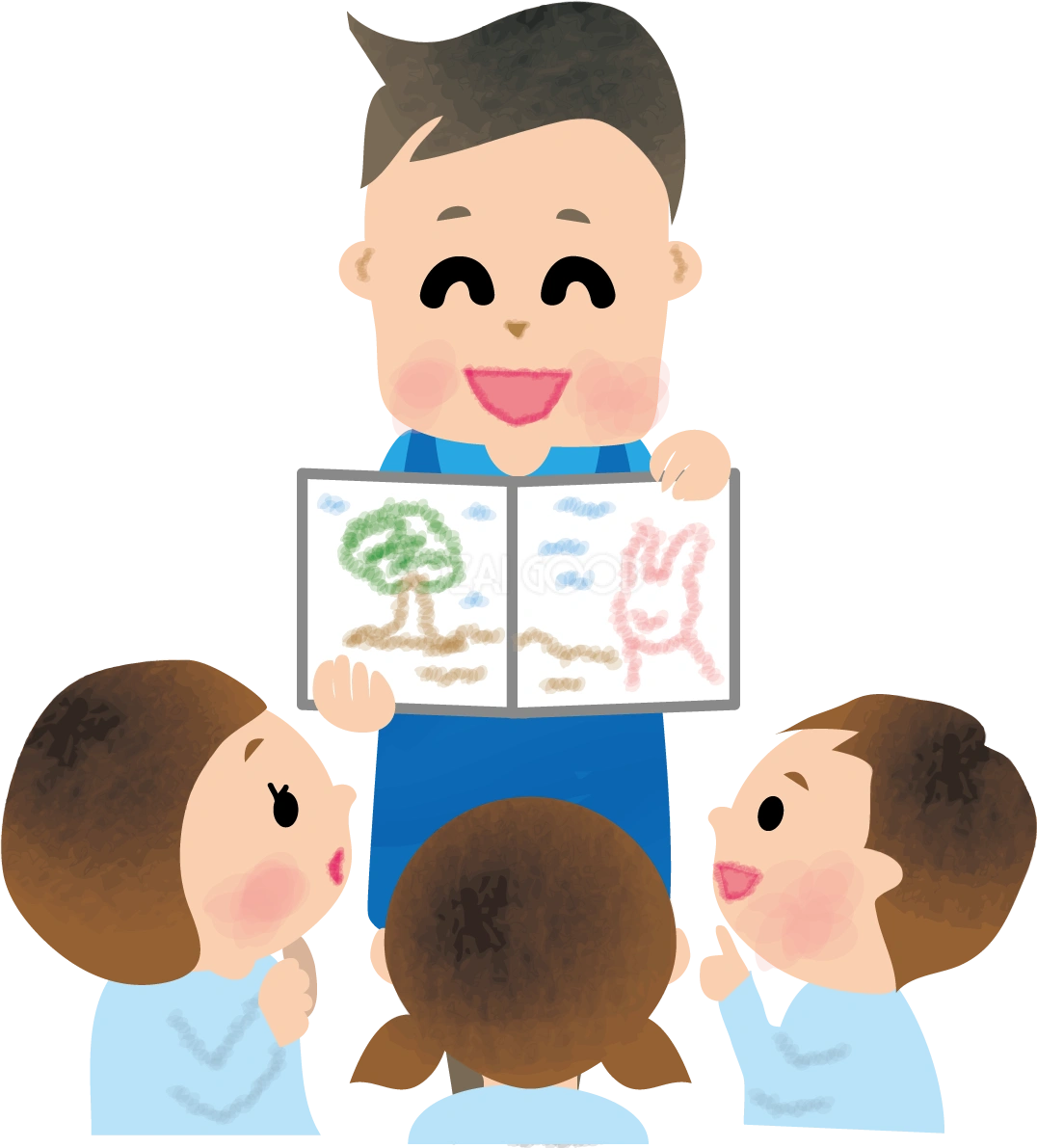 幼稚園児に男性保育士が絵本を読み聞かせする無料イラスト66259