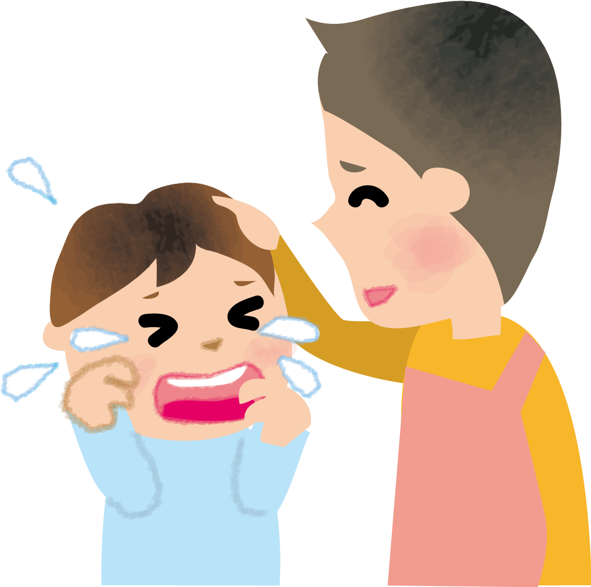 泣き叫んでいる子どもを宥める男性保育士の無料イラスト66275に写真・文字を入れる