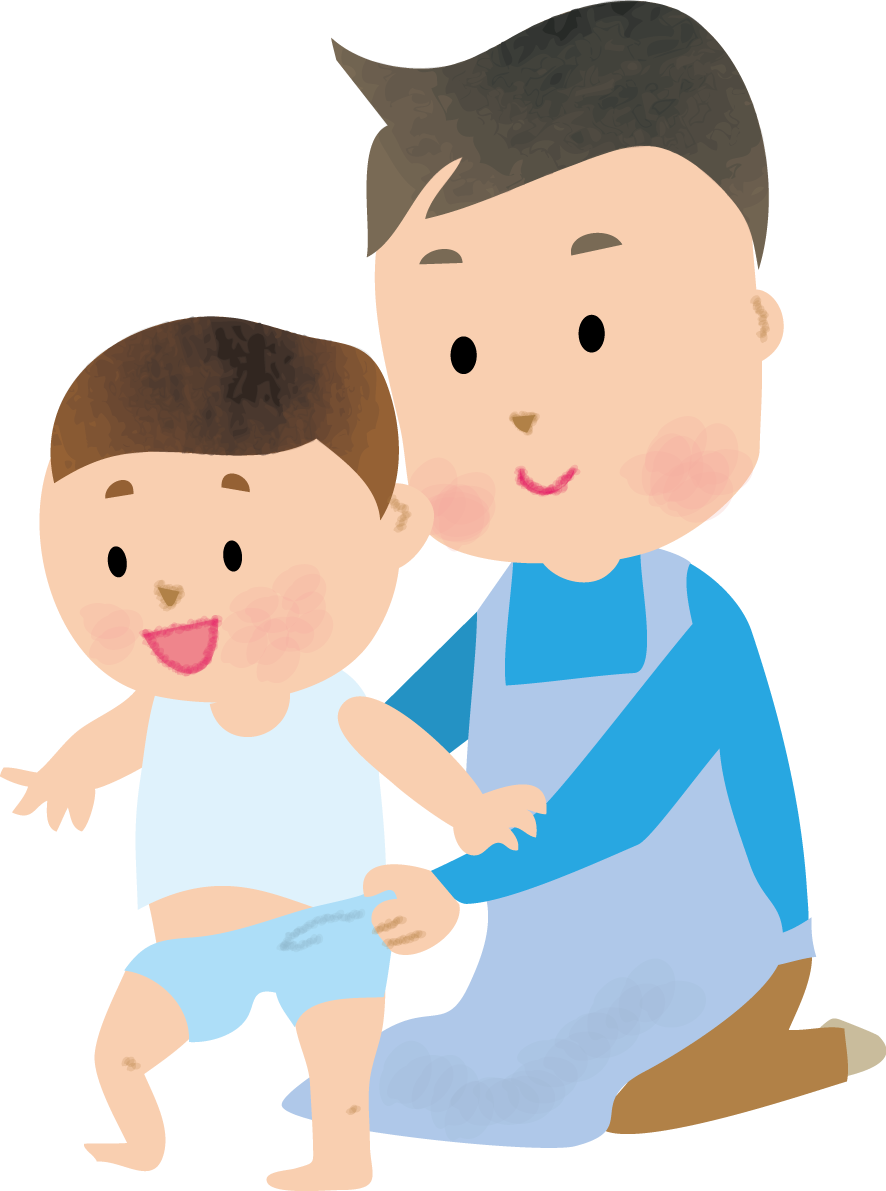 保育園でパンツを履かせる男性保育士の無料イラスト66287に写真・文字を入れる