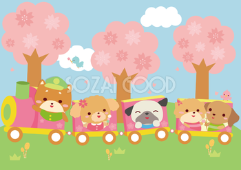 春の汽車に乗る犬たちの動物保育園 無料背景イラスト66497