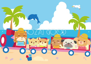 夏の汽車に乗る犬たちの動物保育園 背景無料イラスト66501