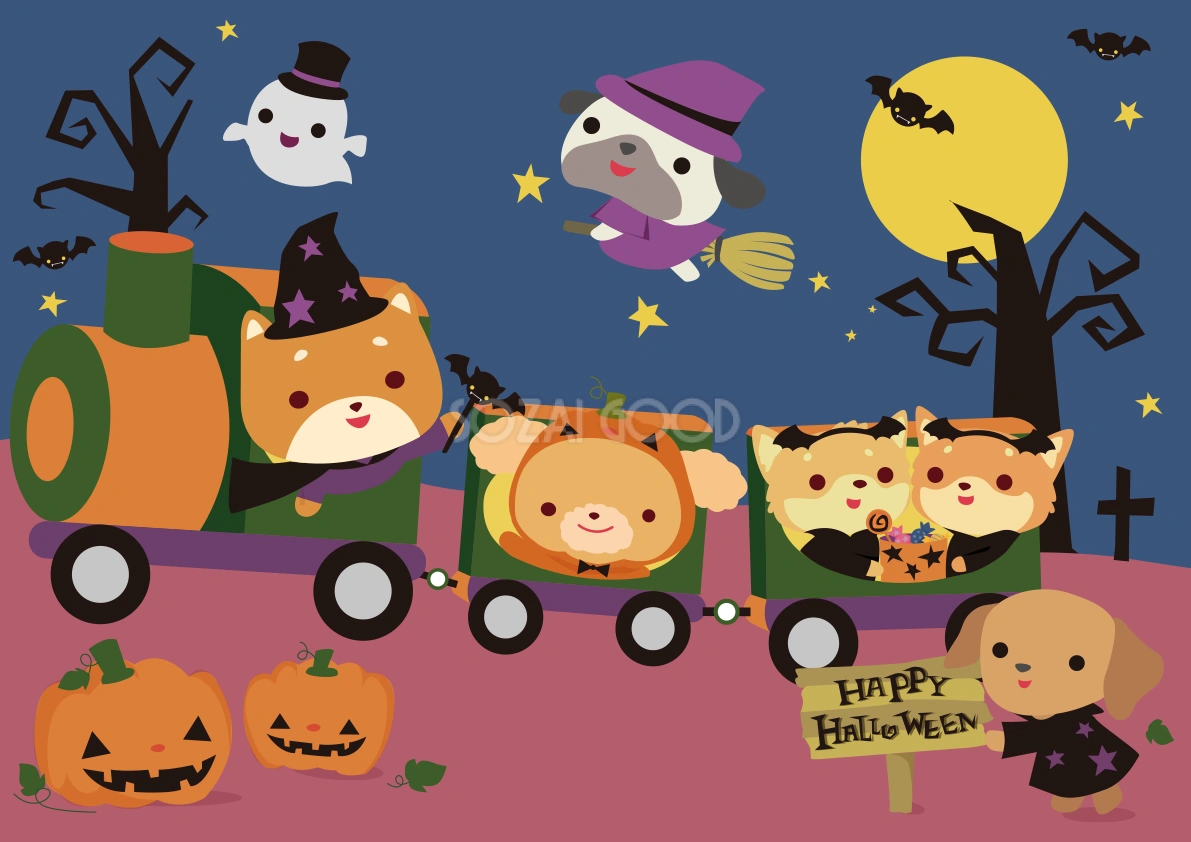 ハロウィンの汽車に乗る犬たちの動物保育園 無料背景イラスト66513