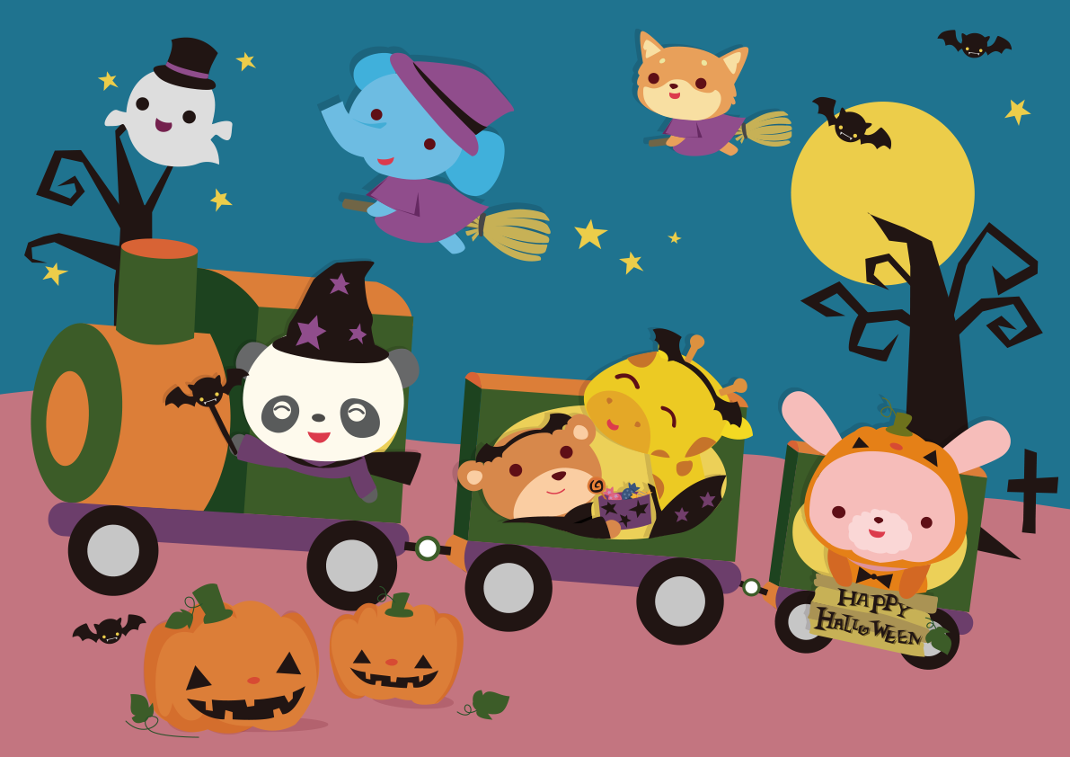 ハロウィンの汽車に乗る動物たちの保育園 無料背景イラスト66541に写真・文字を入れる