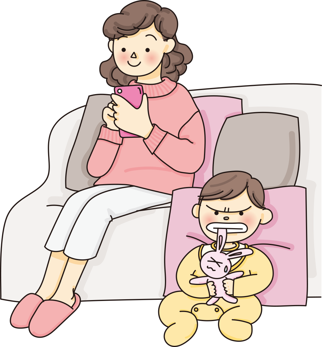 スマホに夢中な母親とイライラする子供のスマホ無料イラスト66664に写真・文字を入れる