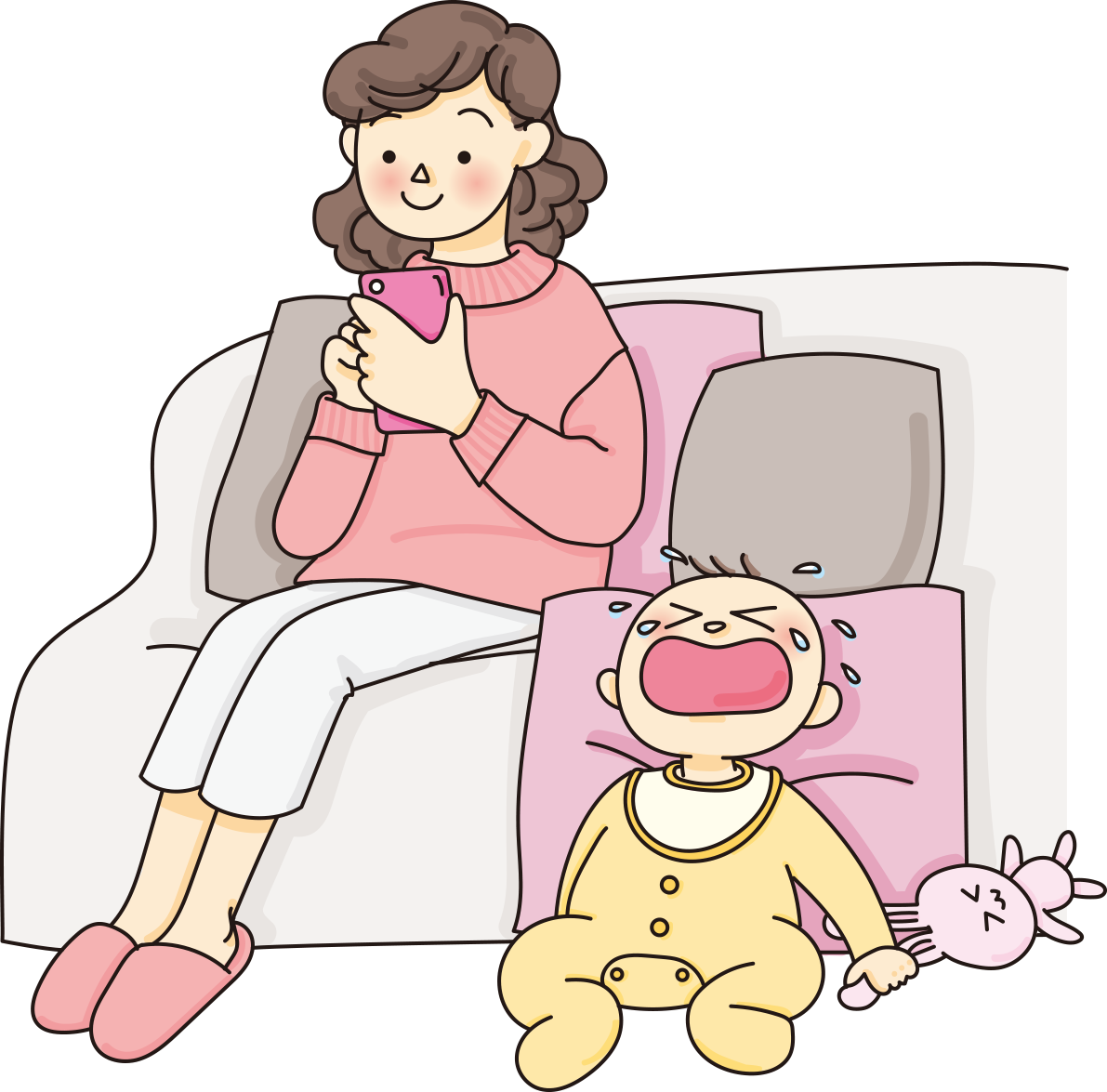 スマホに夢中な母親と泣く子供のスマホ無料イラスト66672に写真・文字を入れる