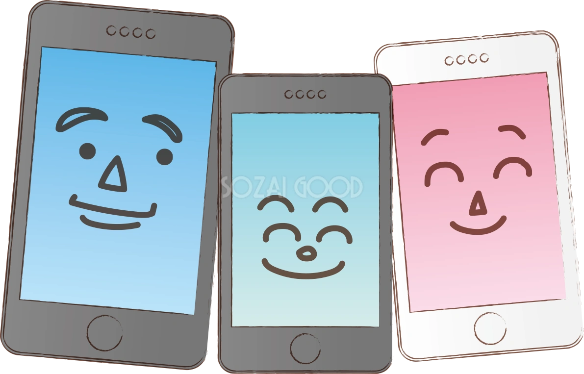 父、母、子供の顔をしたスマホ一家の無料イラスト66809