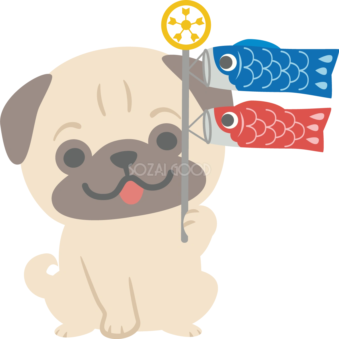 パグ(犬)がこいのぼりを持つかわいい動物無料イラスト67284