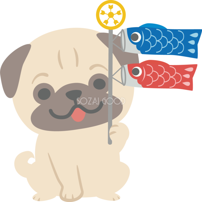 パグ 犬 がこいのぼりを持つかわいい動物無料イラスト67284 素材good