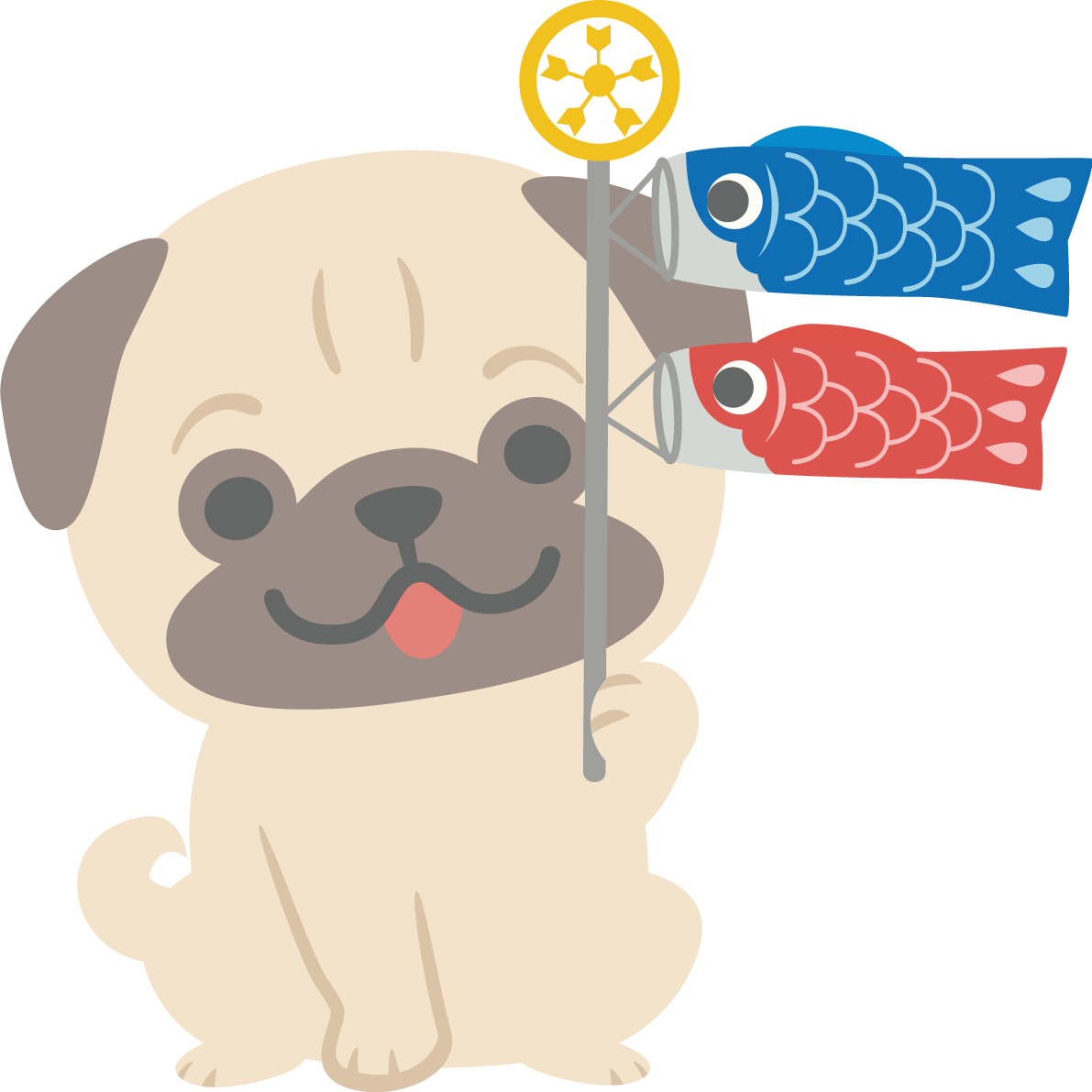 パグ(犬)がこいのぼりを持つかわいい動物無料イラスト67284に写真・文字を入れる