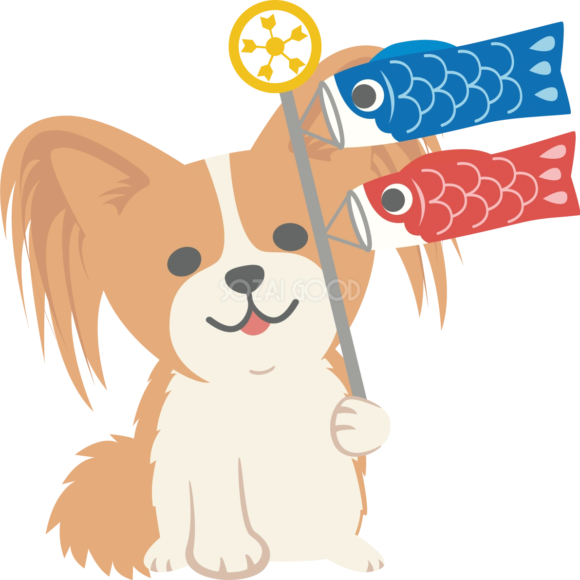 パピヨン(犬)がこいのぼりを持つかわいい動物無料イラスト67288