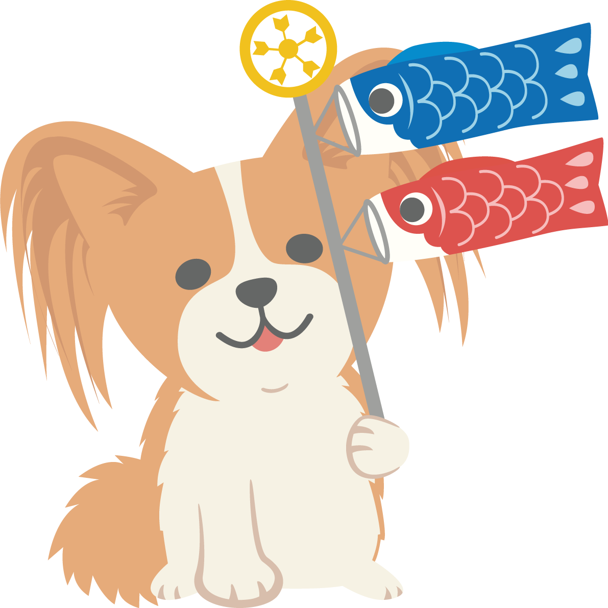 パピヨン(犬)がこいのぼりを持つかわいい動物無料イラスト67288に写真・文字を入れる