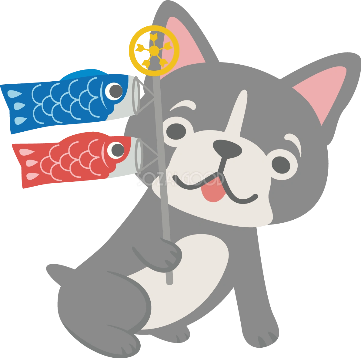 フレンチ・ブルドッグ(犬)がこいのぼりを持つかわいい動物無料イラスト67300