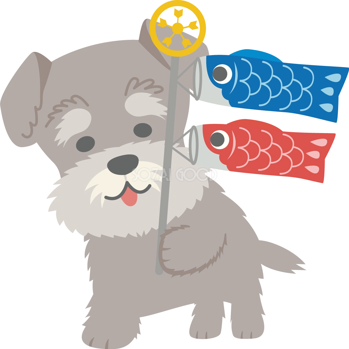 ミニチュア・シュナウザー(犬)がこいのぼりを持つかわいい動物無料イラスト67316