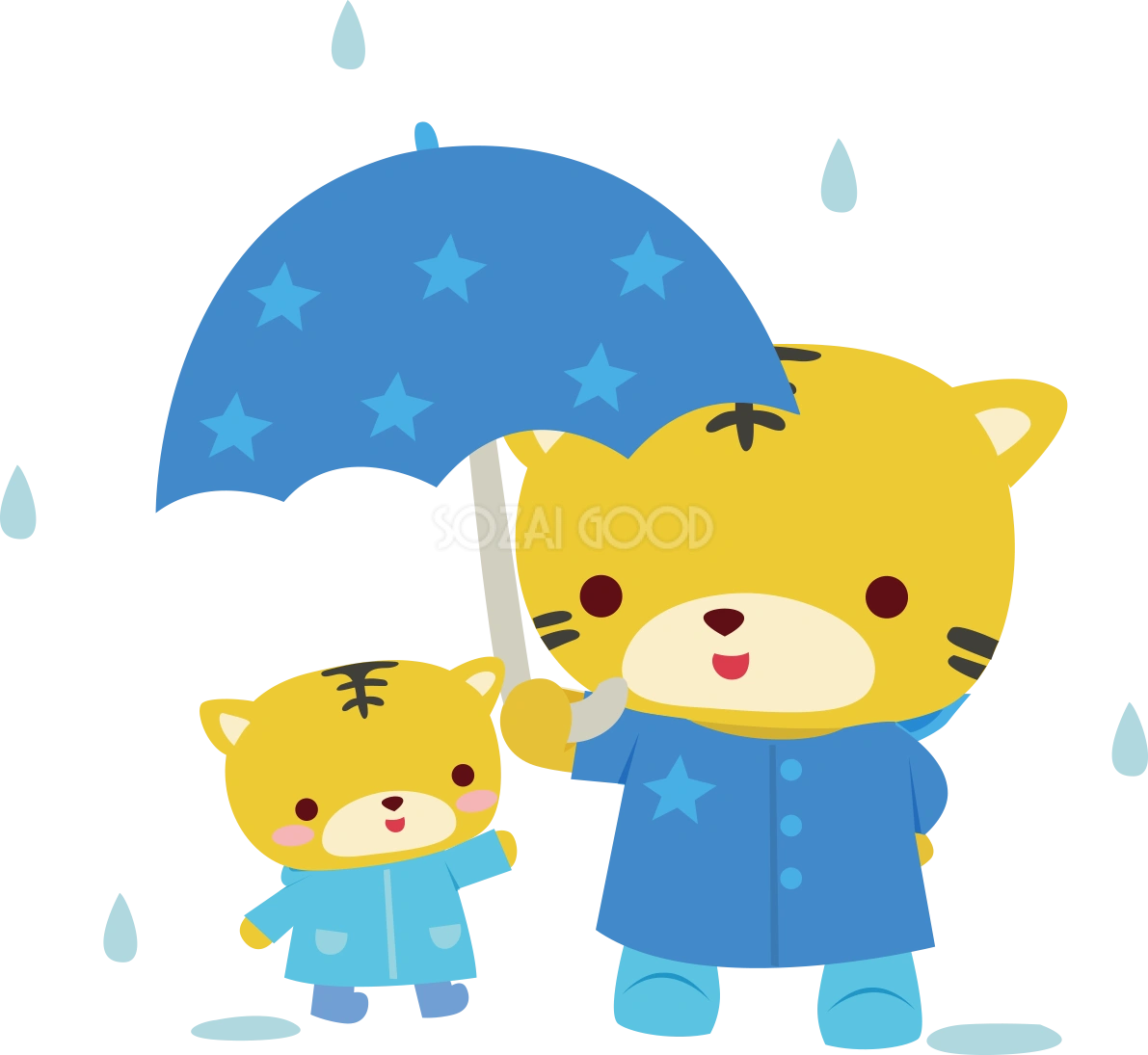 トラ 梅雨・傘 かわいい動物無料イラスト67426