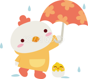鶏 梅雨・傘 かわいい動物無料イラスト67434