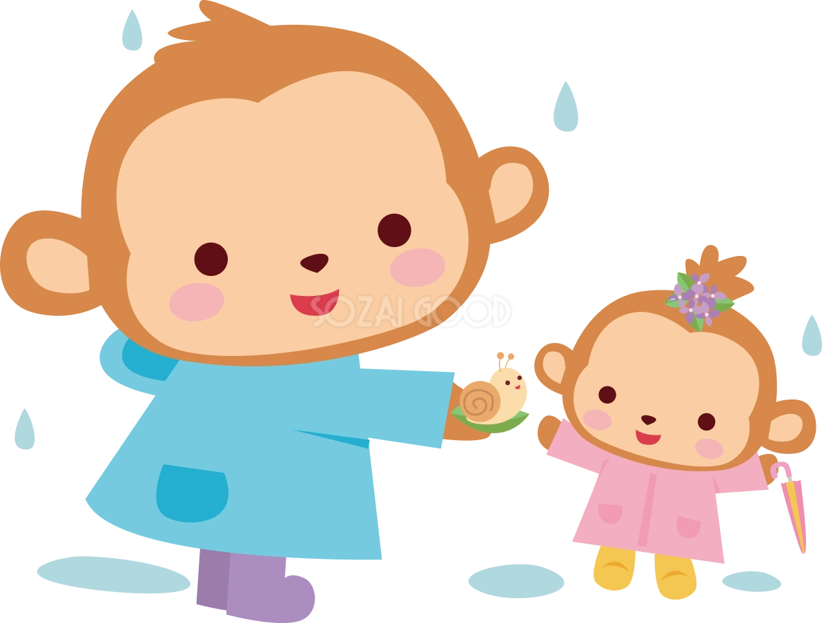 猿 梅雨・傘 かわいい動物無料イラスト67454
