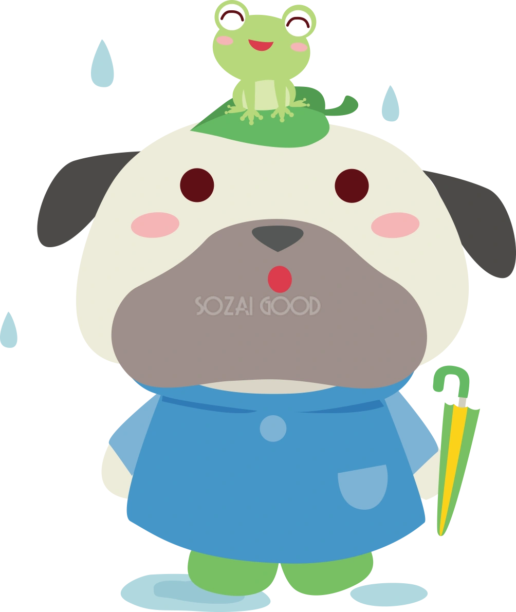 パグ(犬) 梅雨・傘 かわいい動物無料イラスト67506