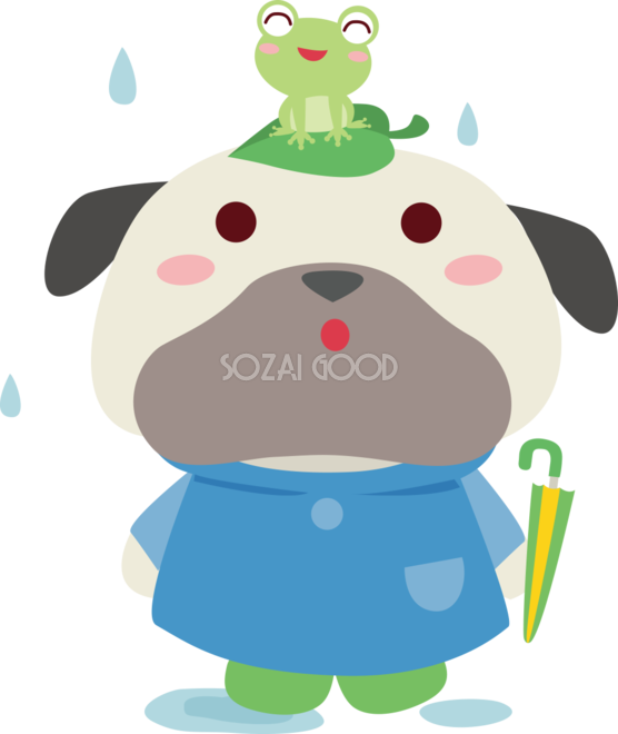 パグ 犬 梅雨 傘 かわいい動物無料イラスト 素材good