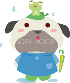 パグ(犬) 梅雨・傘 かわいい動物無料イラスト67506