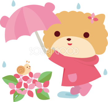 ポメラニアン(犬) 梅雨・傘 かわいい動物無料イラスト67510
