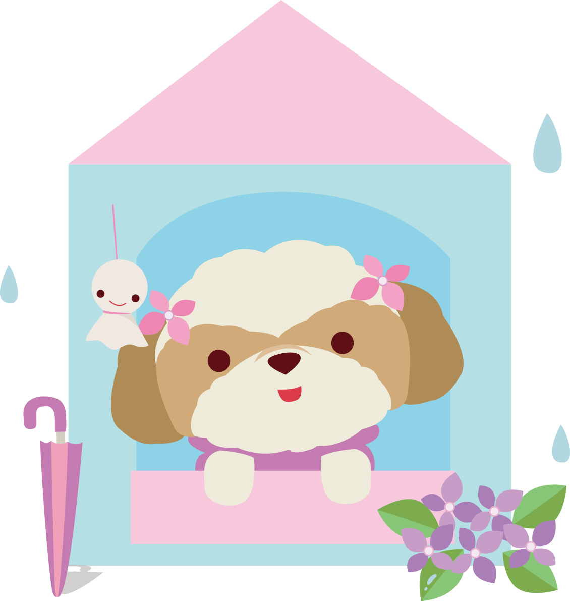 シーズー(犬) 梅雨・傘 かわいい動物無料イラスト67522に写真・文字を入れる