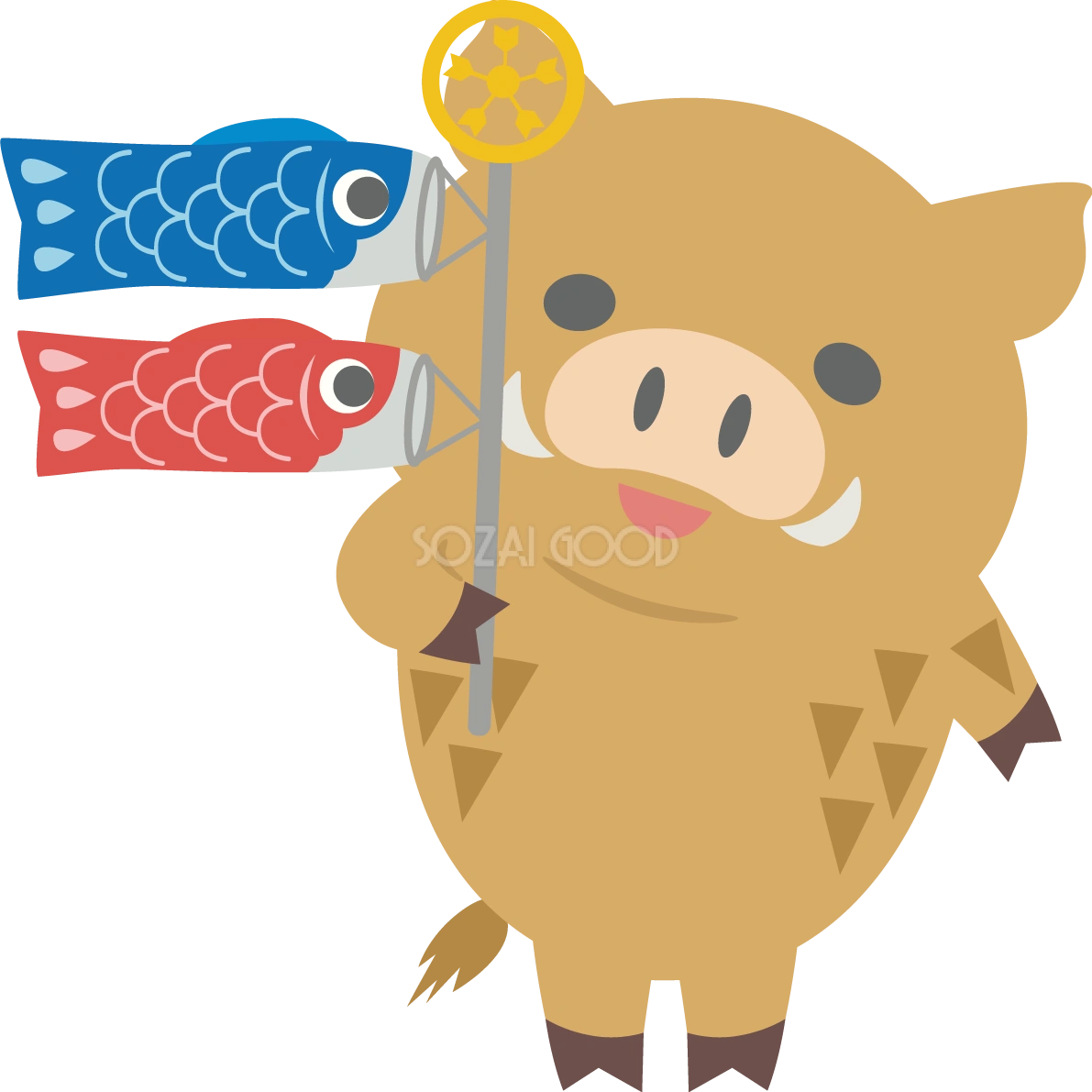 イノシシがこいのぼりを持つかわいい動物無料イラスト67771