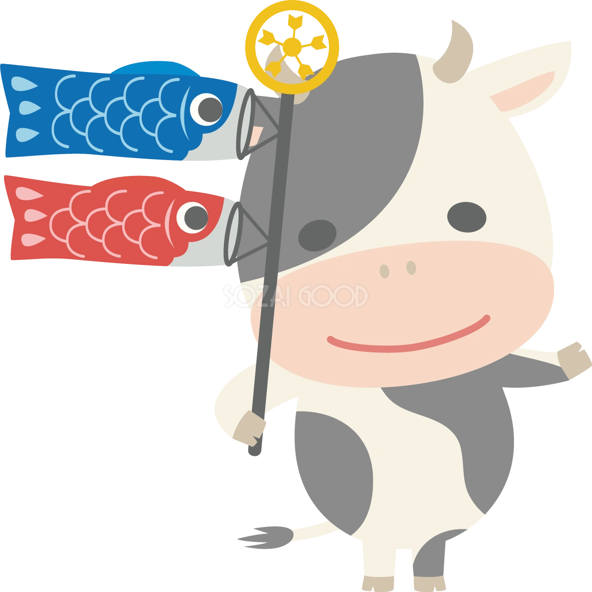 牛がこいのぼりを持つかわいい動物無料イラスト67803