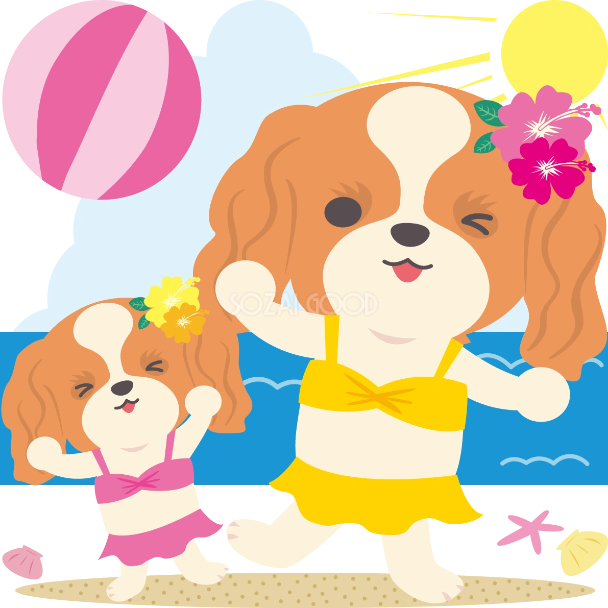 キャバリア(犬)海開き かわいい動物無料イラスト67898