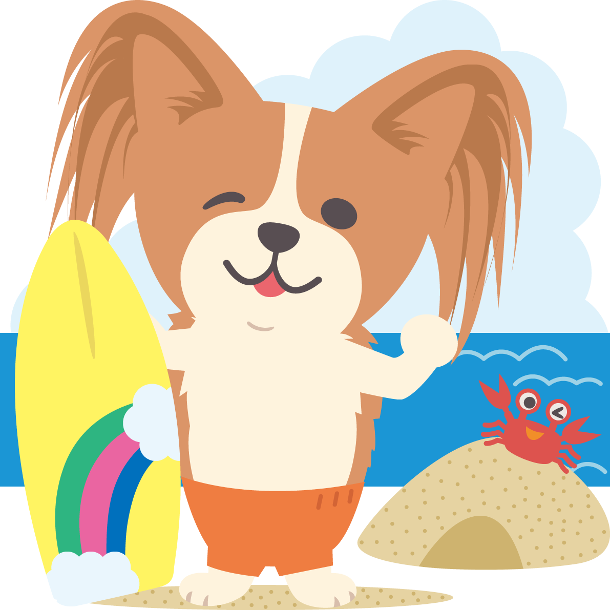 パピヨン(犬)海開き かわいいサーフィン無料イラスト67930に写真・文字を入れる