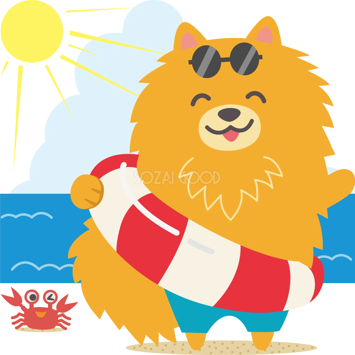 ポメラニアン(犬)海開き かわいい動物無料イラスト67950