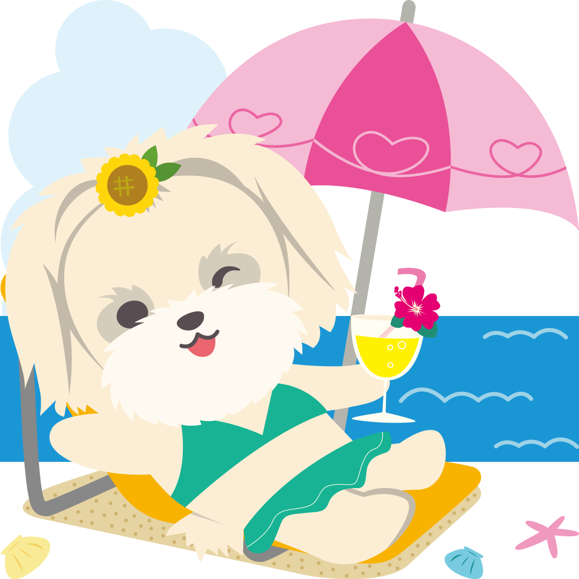パラソルの下でマルチーズ(犬)夏の海開き かわいい動物無料イラストに写真・文字を入れる