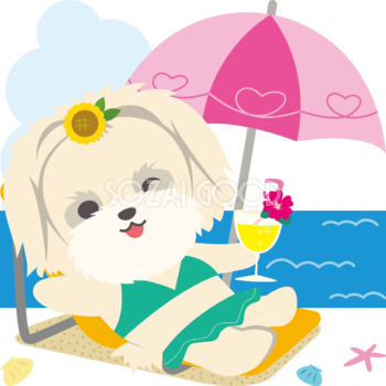 パラソルの下でマルチーズ(犬)夏の海開き かわいい動物無料イラスト