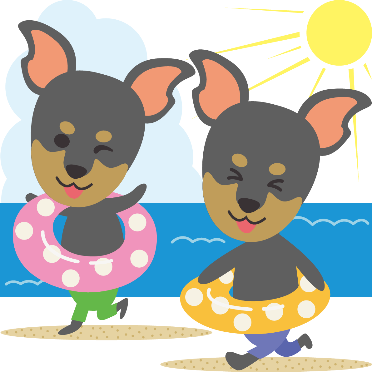 ミニチュア・ピンシャー(犬)海開き かわいい動物無料イラスト67962に写真・文字を入れる