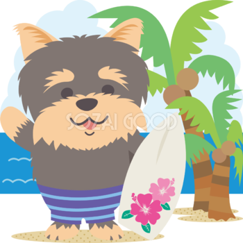 ヨークシャーテリア(犬)海開き かわいいサーフィン無料イラスト67966