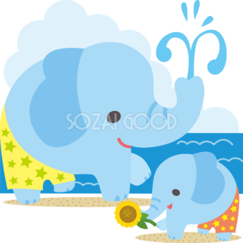 象と海開き かわいい動物無料イラスト67974