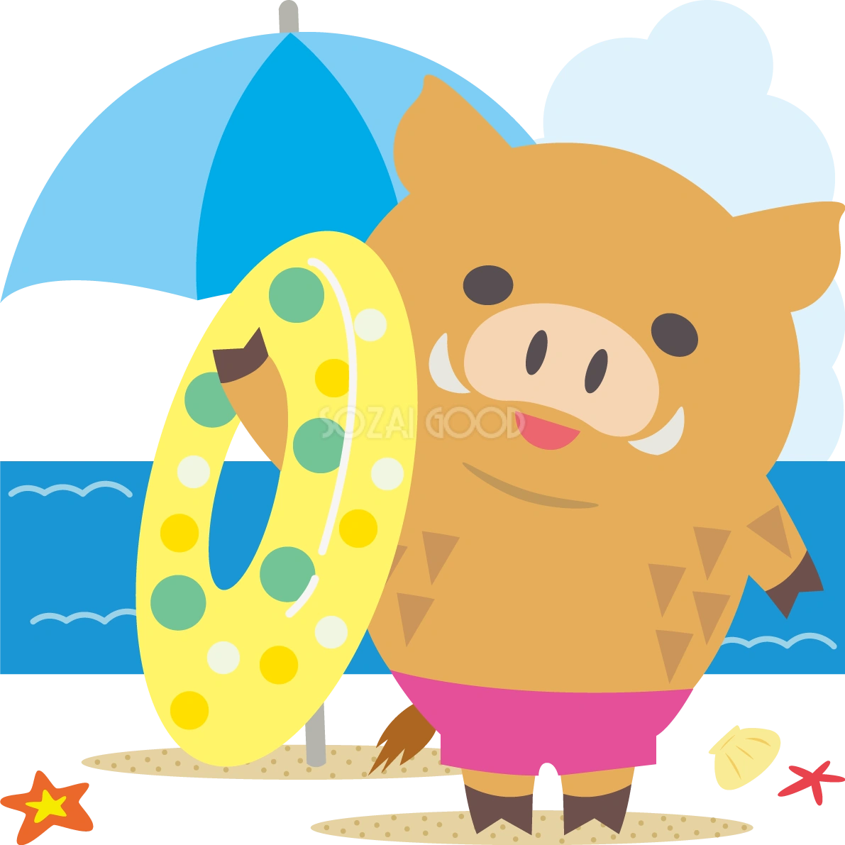 パラソルの下でイノシシの夏の海開き かわいい動物無料イラスト