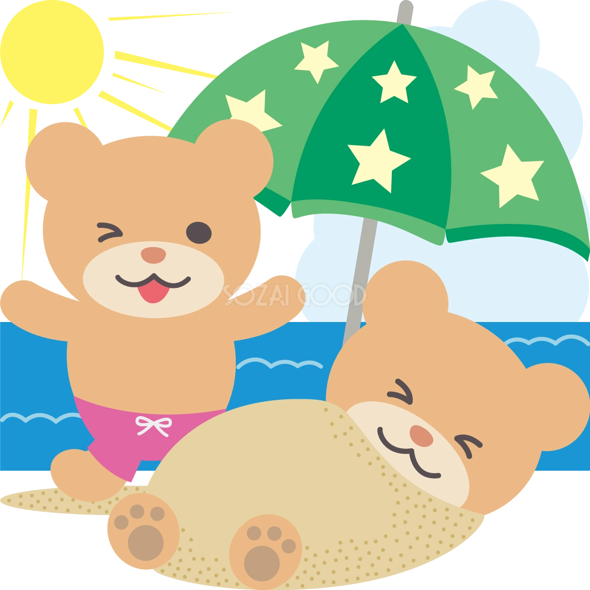 パラソルの下でクマの夏の海開き かわいい動物無料イラスト