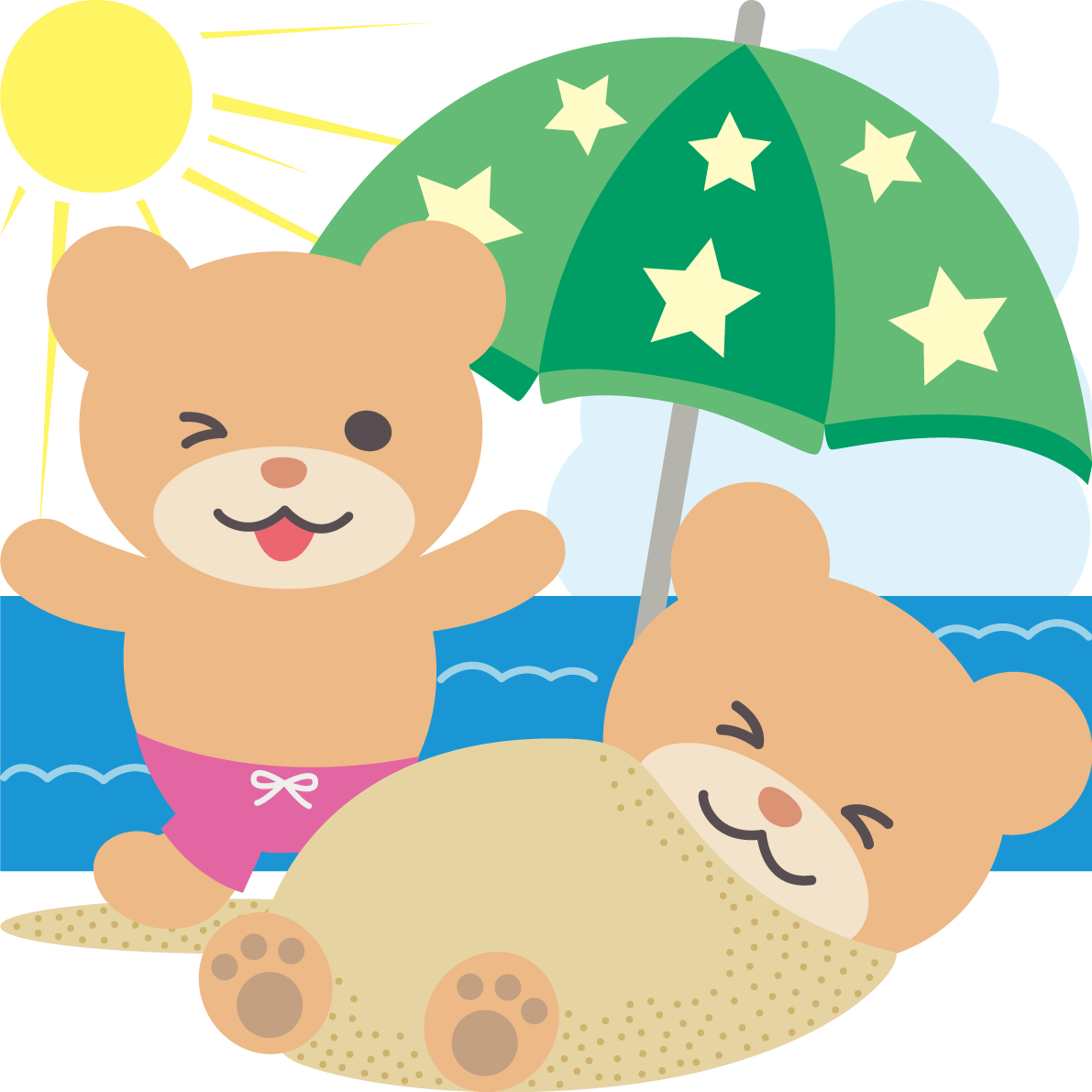 パラソルの下でクマの夏の海開き かわいい動物無料イラストに写真・文字を入れる