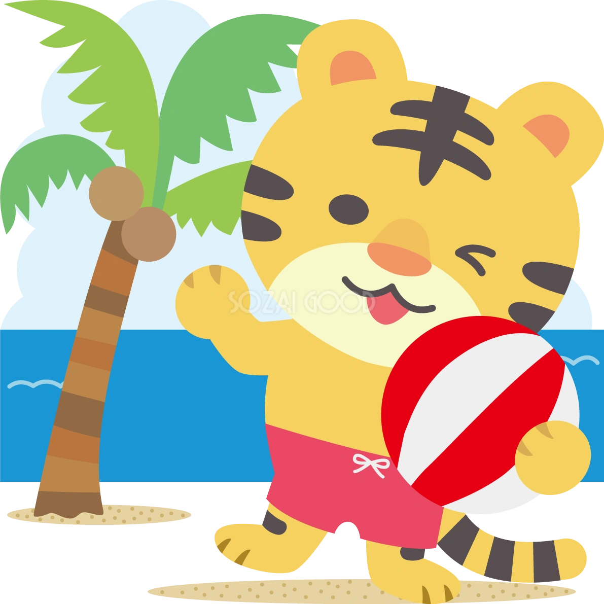 トラの海開き かわいい動物無料イラスト68427