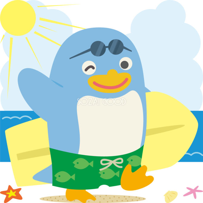 ペンギンの海開き かわいいサーフィン無料イラスト 素材good