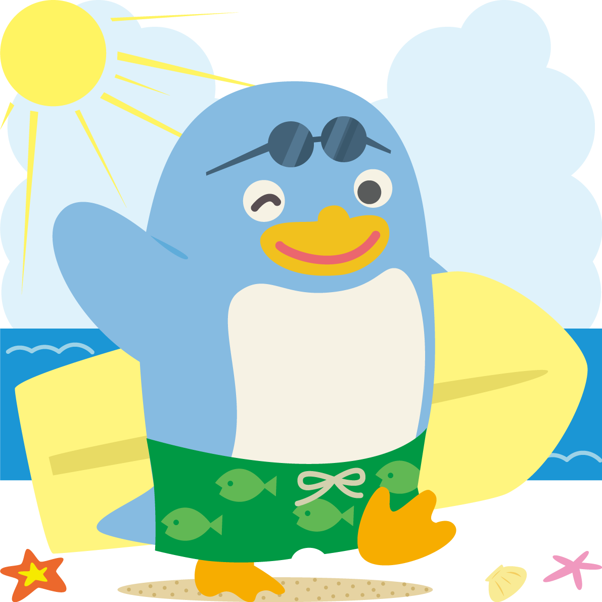 ペンギンの海開き かわいいサーフィン無料イラスト68439に写真・文字を入れる