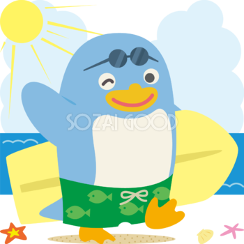 ペンギンの海開き かわいいサーフィン無料イラスト68439