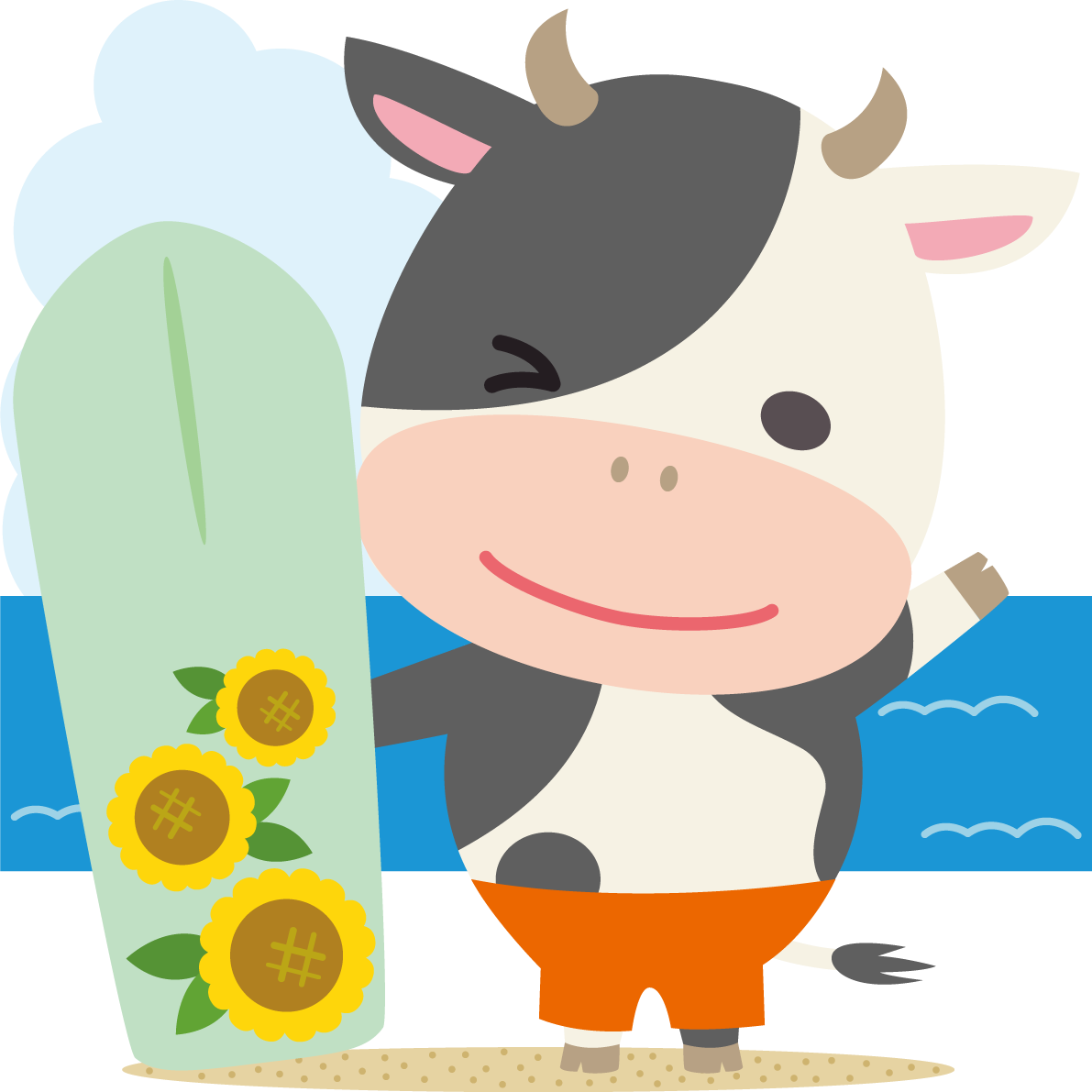 牛の海開き かわいいサーフィン無料イラスト68456に写真・文字を入れる