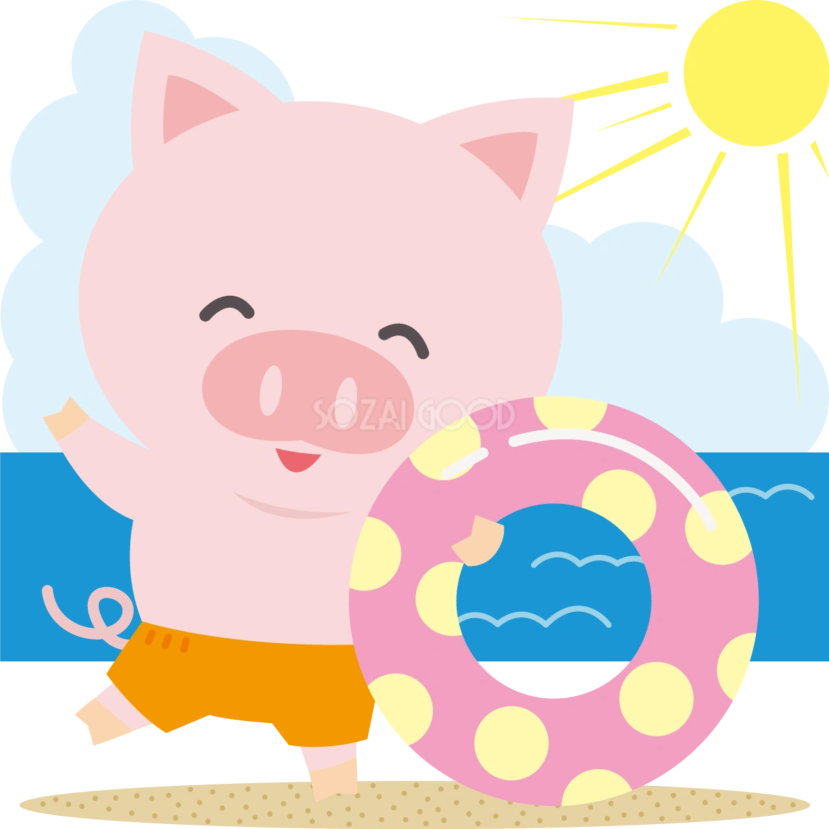 豚の海開き かわいい動物無料イラスト68468
