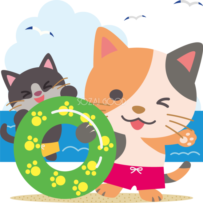 猫の海開き かわいい動物無料イラスト 夏68472 素材good