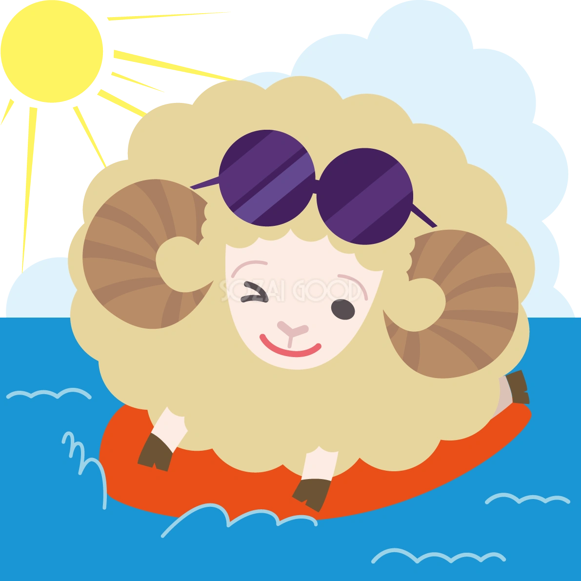 羊の海開き かわいいサーフィン無料イラスト68480