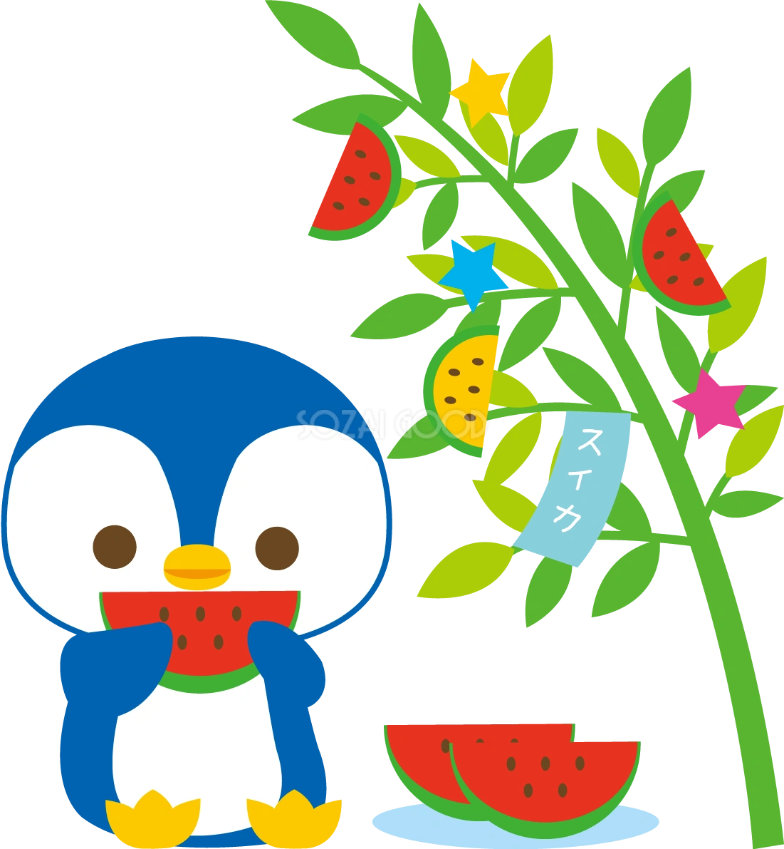 ペンギンの七夕(スイカだらけの笹)動物無料イラスト68887