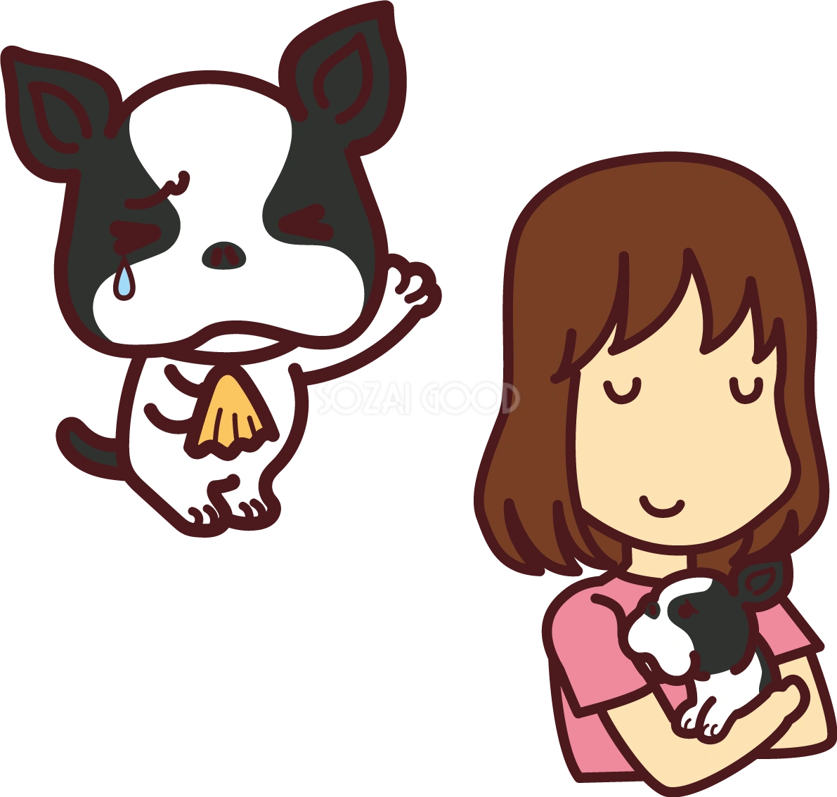 フレンチ・ブルドッグが里親と子犬に手を振る かわいい犬の無料イラスト69279