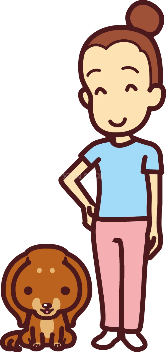 ミニチュア・ダックスフンドが飼い主(女性)が仲良く並ぶ かわいい犬の無料イラスト69359