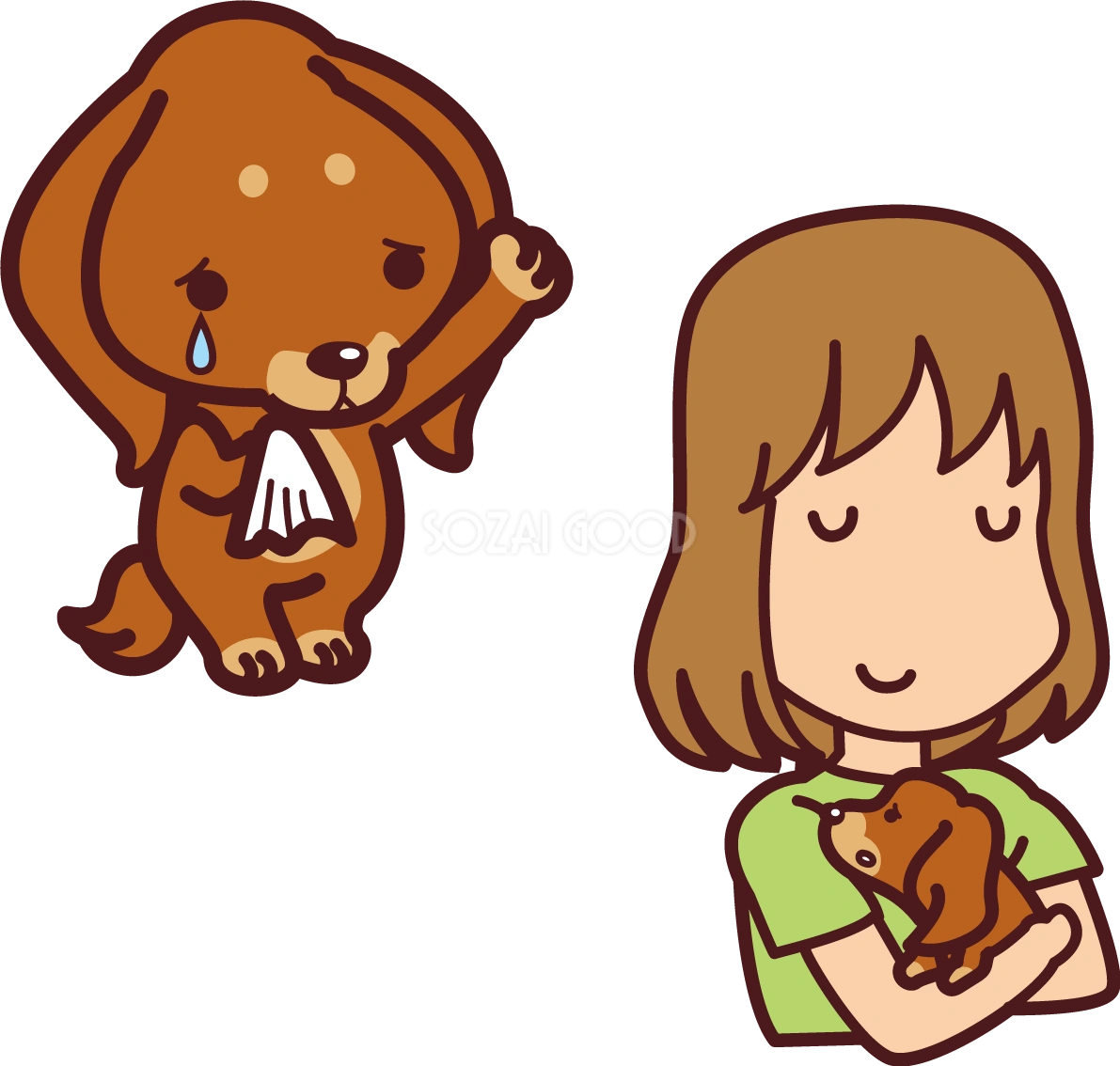 ミニチュア・ダックスフンドが里親と子犬に手を振る かわいい犬の無料イラスト69395